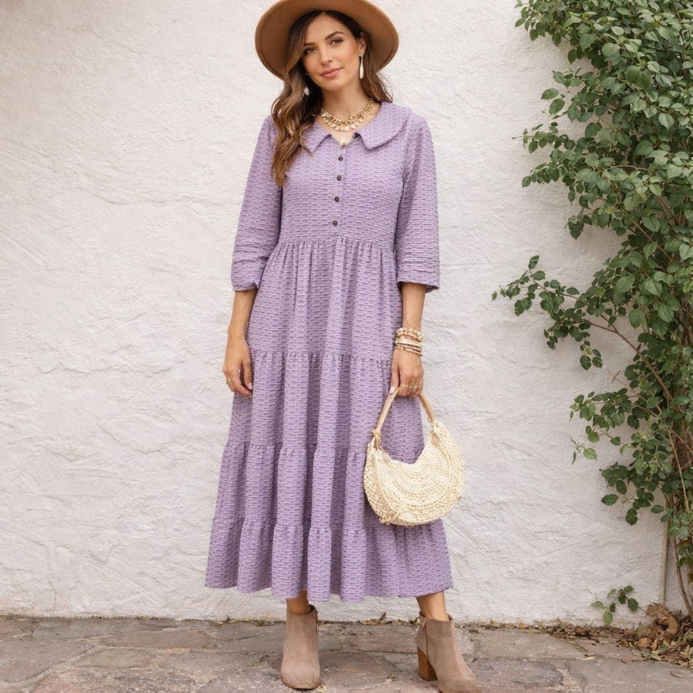 Purple Patterned Ruffle Midi Dress